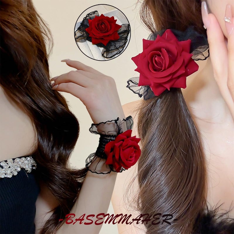 BASEMMAHER Gothic Rose Lace Gloves Hand Sleeve Black Lace Elastic Bracelet Wine Red Flower Wrist Cuff Dress Accessories for Women Girls Wedding Halloween Prom Masquerade Party Clothing 1 Pair - Image 4